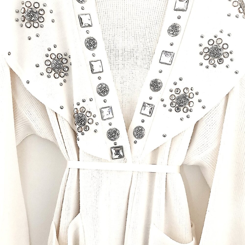 Cozy Creamy White Long Knit Cardigan with Rhinestones